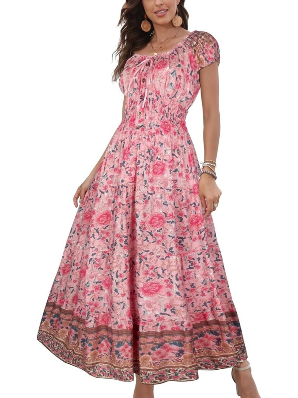 Women's Pink Boho Floral Flowy Print Tiered Short Sleeves Summer Maxi Dress